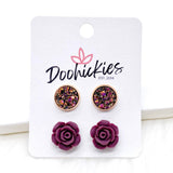 Iridescent Rose Gold & 12mm Burgundy Roses in Rose Gold (2 size options) -Earrings