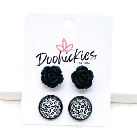 12mm Black Roses & Silver Leopard in Black Settings