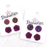 Iridescent Rose Gold & 12mm Burgundy Roses in Rose Gold (2 size options) -Earrings