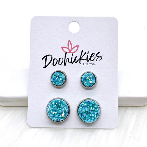 Robin Egg Shimmer Mommy & Me in Stainless Steel Settings -Earrings