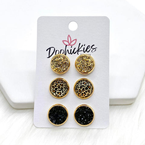 12mm Gold/Golden Leopard/Black in Gold Settings -Earrings