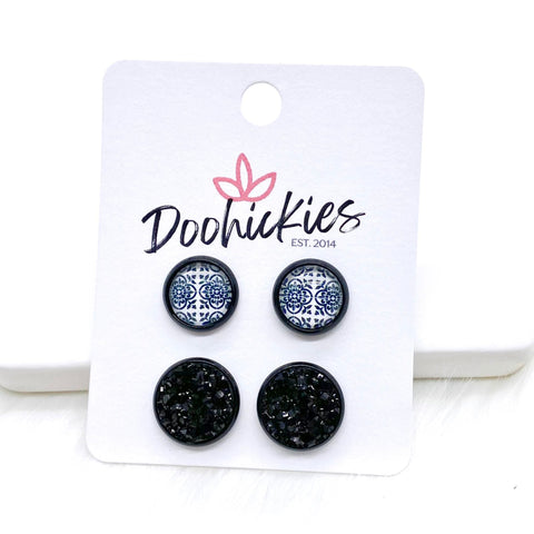 10mm Black Floral & 12mm Black in Black Settings -Earrings