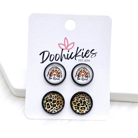 12mm Leopard Rainbow Be Kind & Golden Leopard in Black Settings -Earrings