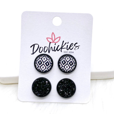 12mm Black/White Abstract & Black in Black Settings -Earrings