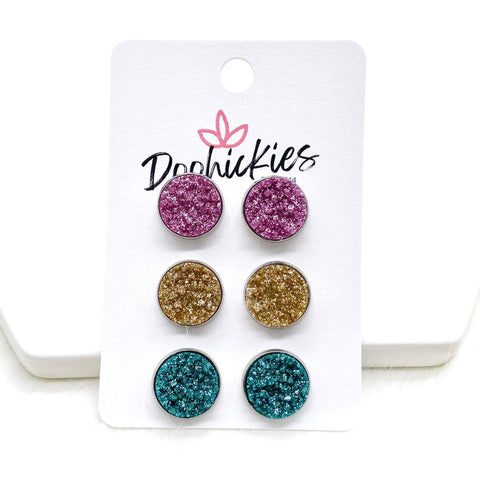 12mm Lilac/Champagne/Teal Glitter in Stainless Steel Settings -Earrings