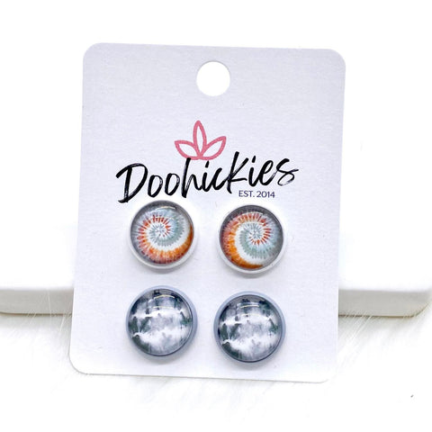 12mm Grey/Orange Tie Dye & Grey Retro in White/Grey Settings -Earrings