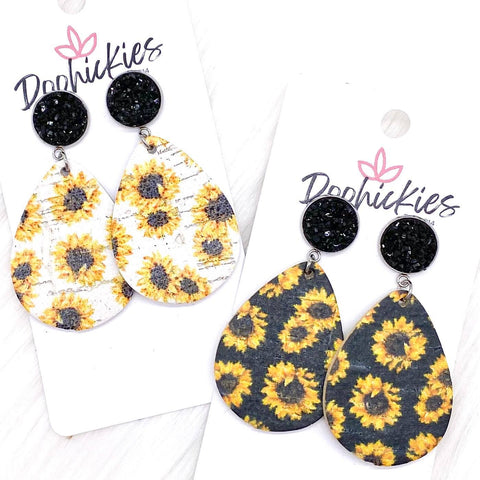 2" Black & Sunflower Dangle Corkeis -Summer Earrings