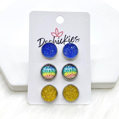 12mm Blue Sparkles/Starburst/Yellow Sparkles in Stainless Steel Settings -Earrings
