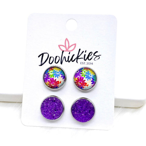 12mm Bright Flowers & Purple Sparkles in Stainless Steel Settings - Summer Stud Earrings