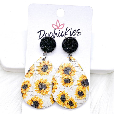 2" Black & Sunflower Dangle Corkeis -Summer Earrings