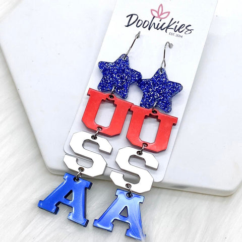 3.5" Patriotic Star & USA Acrylics -Patriotic Earrings